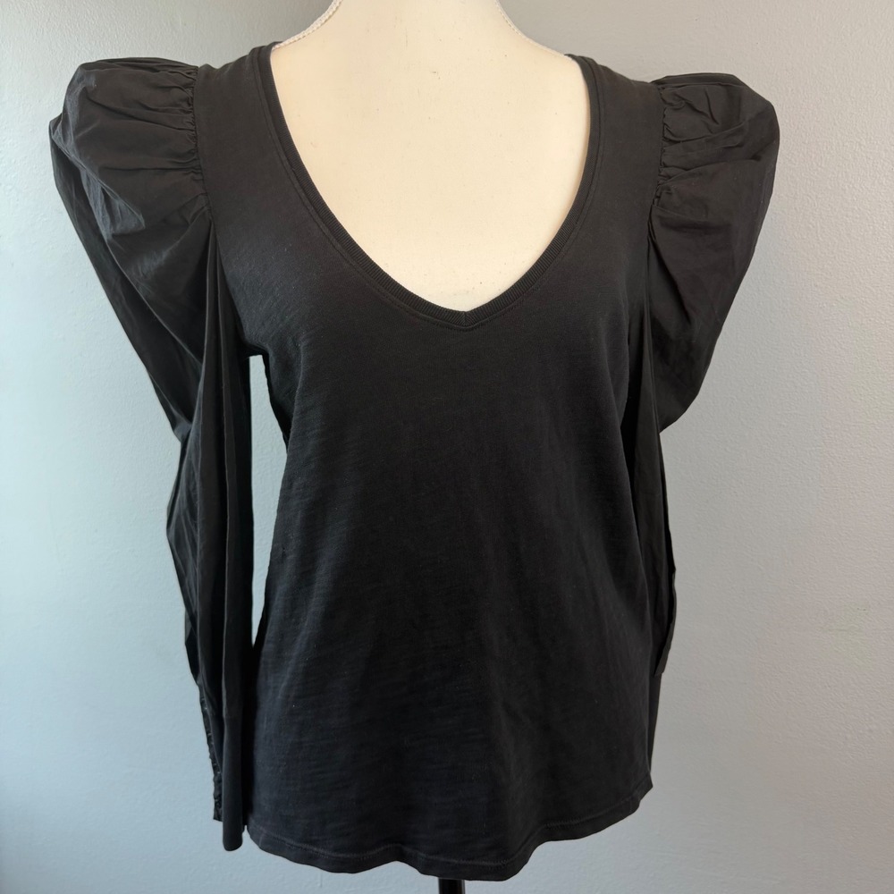 Nation LTD Jenna Top Black Puff Sleeve V-Neck Cotton Button Cuff Medium Boho